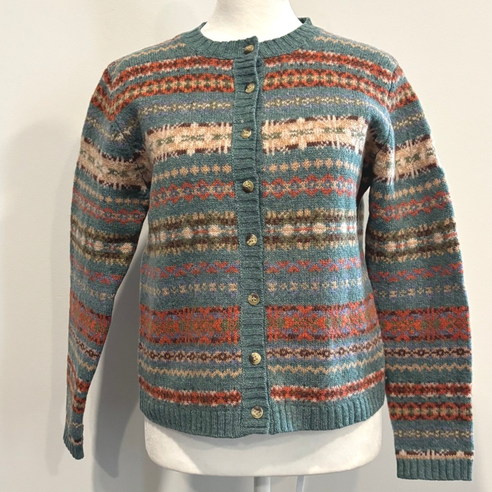 Vtg Newton Trading Womens Cardigan Sweater PS Fair Isle Shetland Wool Boho 21043